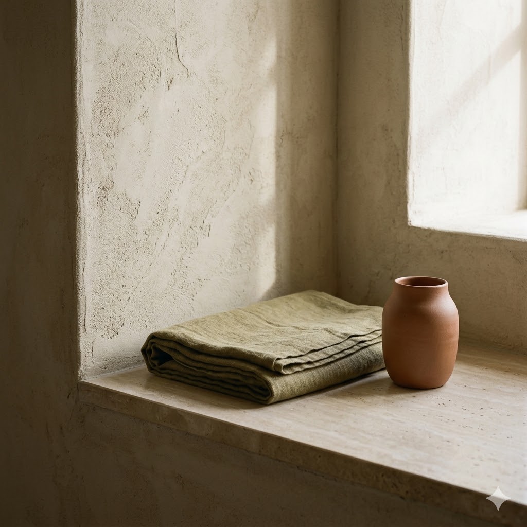 detail — stone, linen, light
