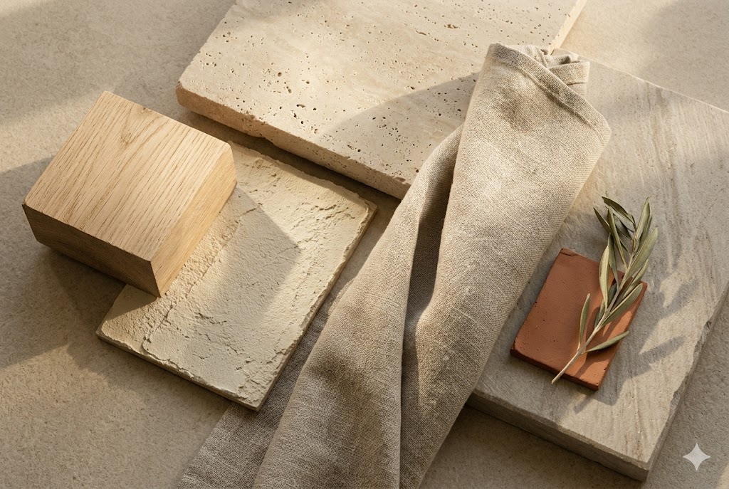 materials — linen, plaster, oak